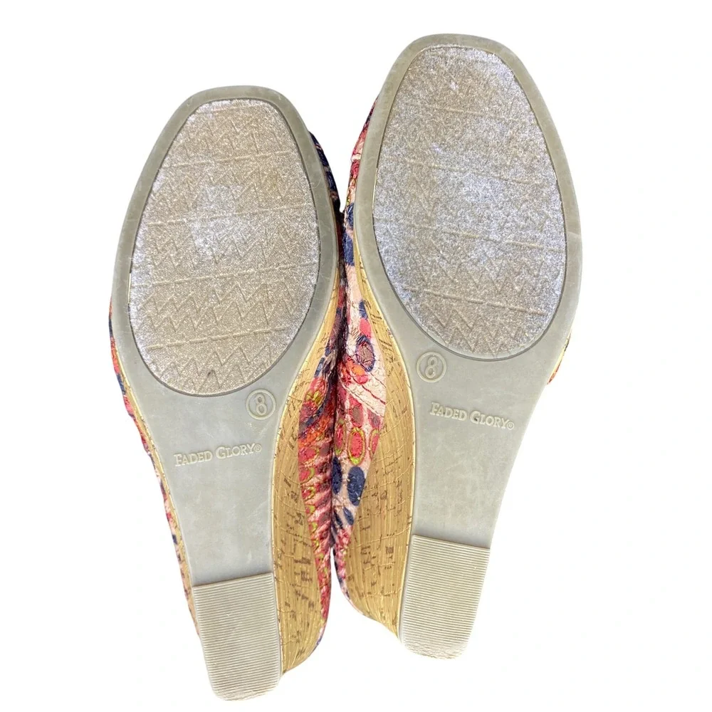Faded Glory Women Boho Embroidered Peep Toe Cork Wedge Heels‎ Multicolor Size 8